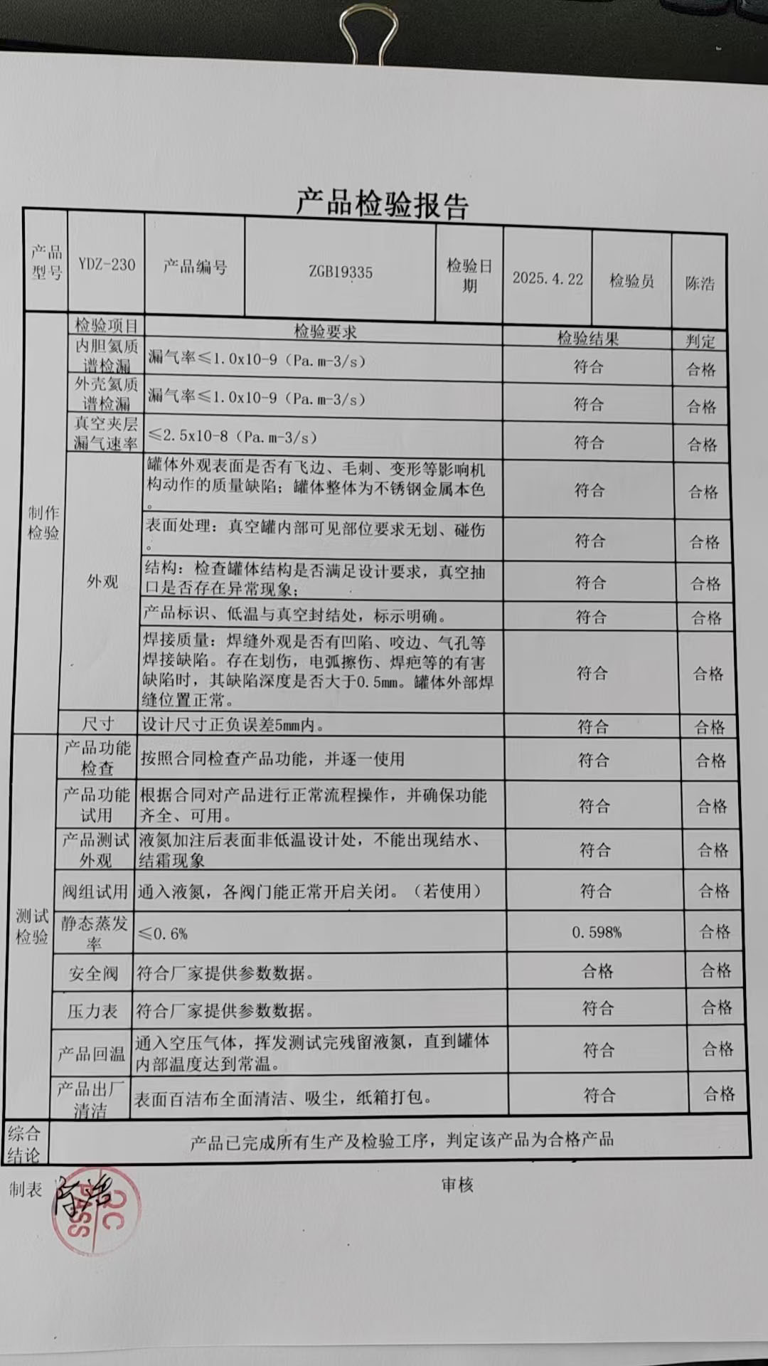 液氮罐质检表